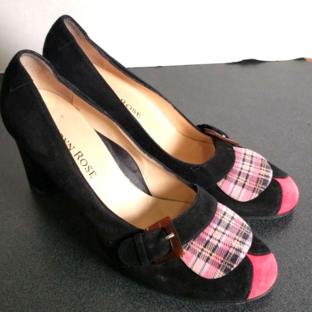 Taryn Rose Black & Plaid Buckle Suede Heels - Size 40/9.5
